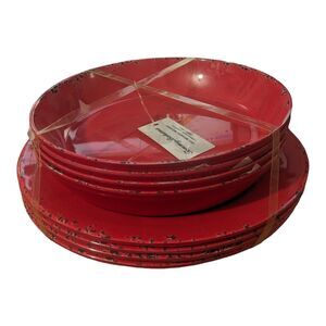 NEW Tommy Bahama Melamine Red Crackle 4 Dinner Plates & 4 9” Bowls Pasta Set Lot